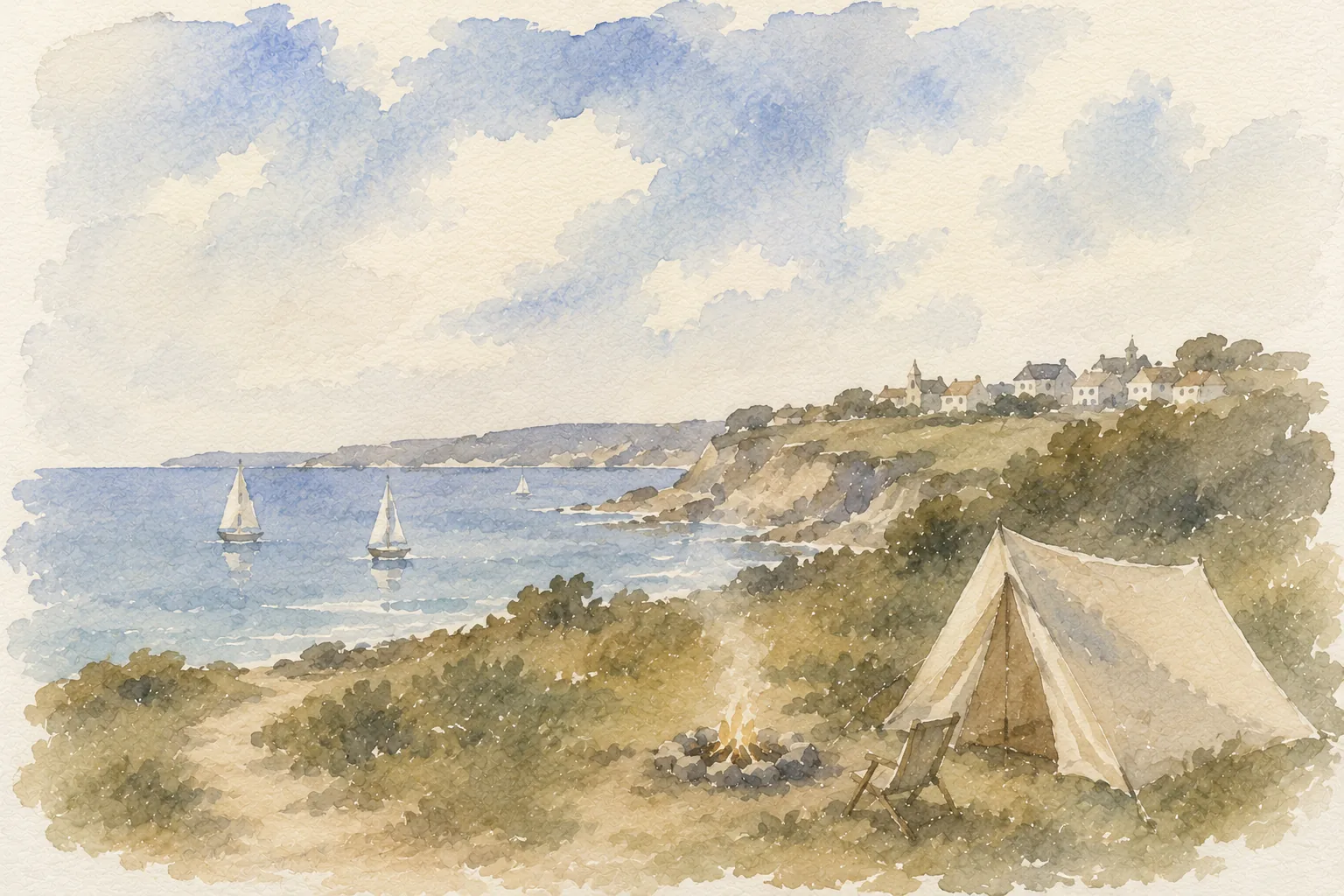 A tent pitched on a coastal headland above a bay with sailing boats