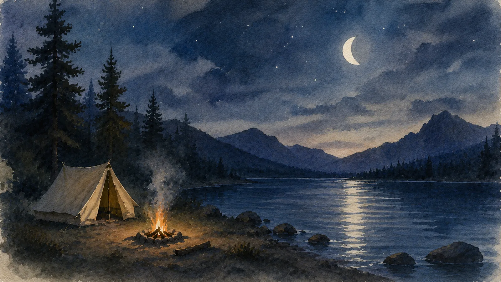 A campfire glowing in a fire pit beside tents at dusk on a campsite