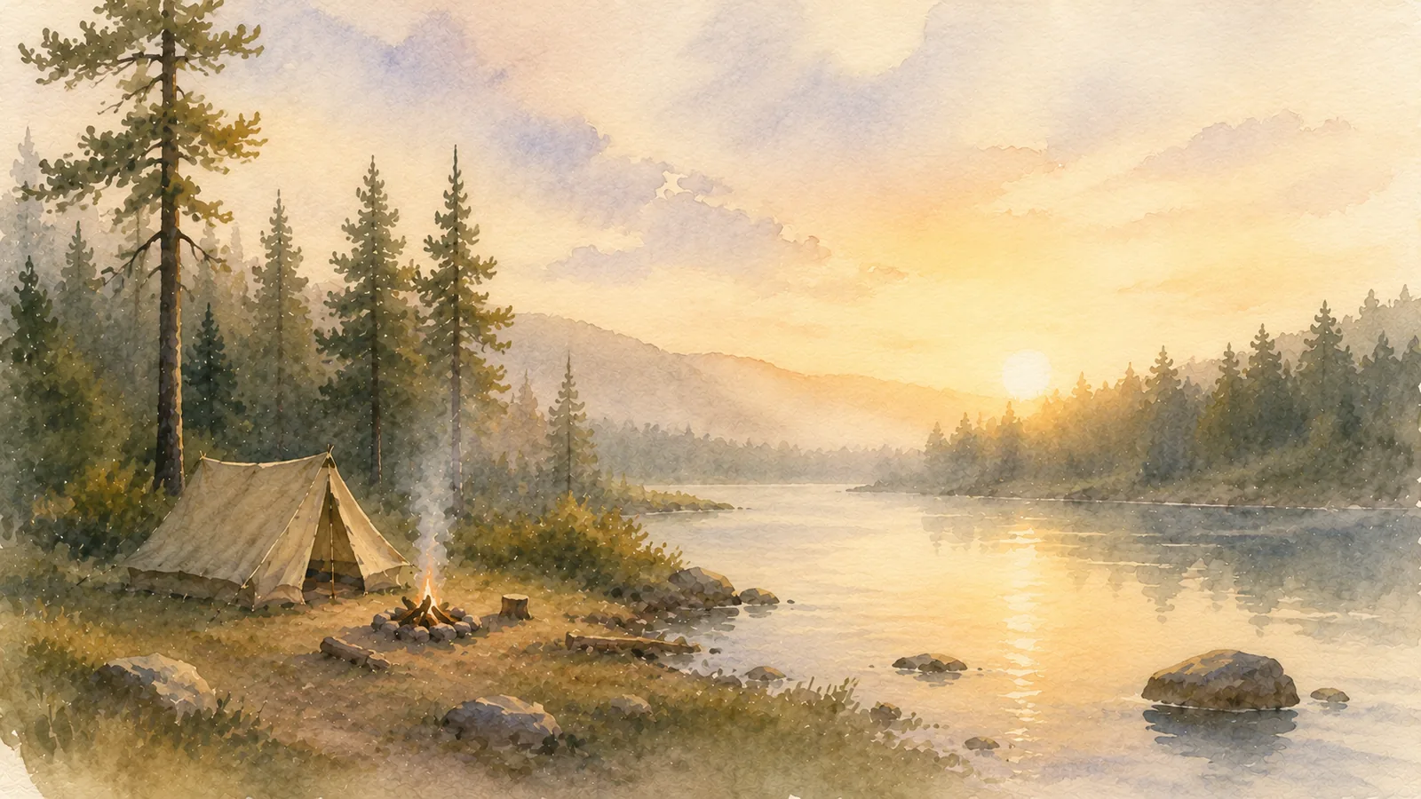 A tent and campfire beside a river at sunrise